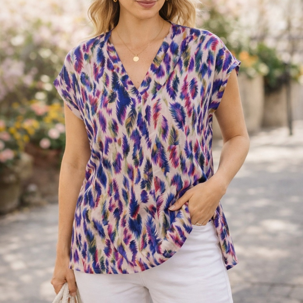 CAbi Plume Blouse Small | Feather Print Flowy Top | Style 5027